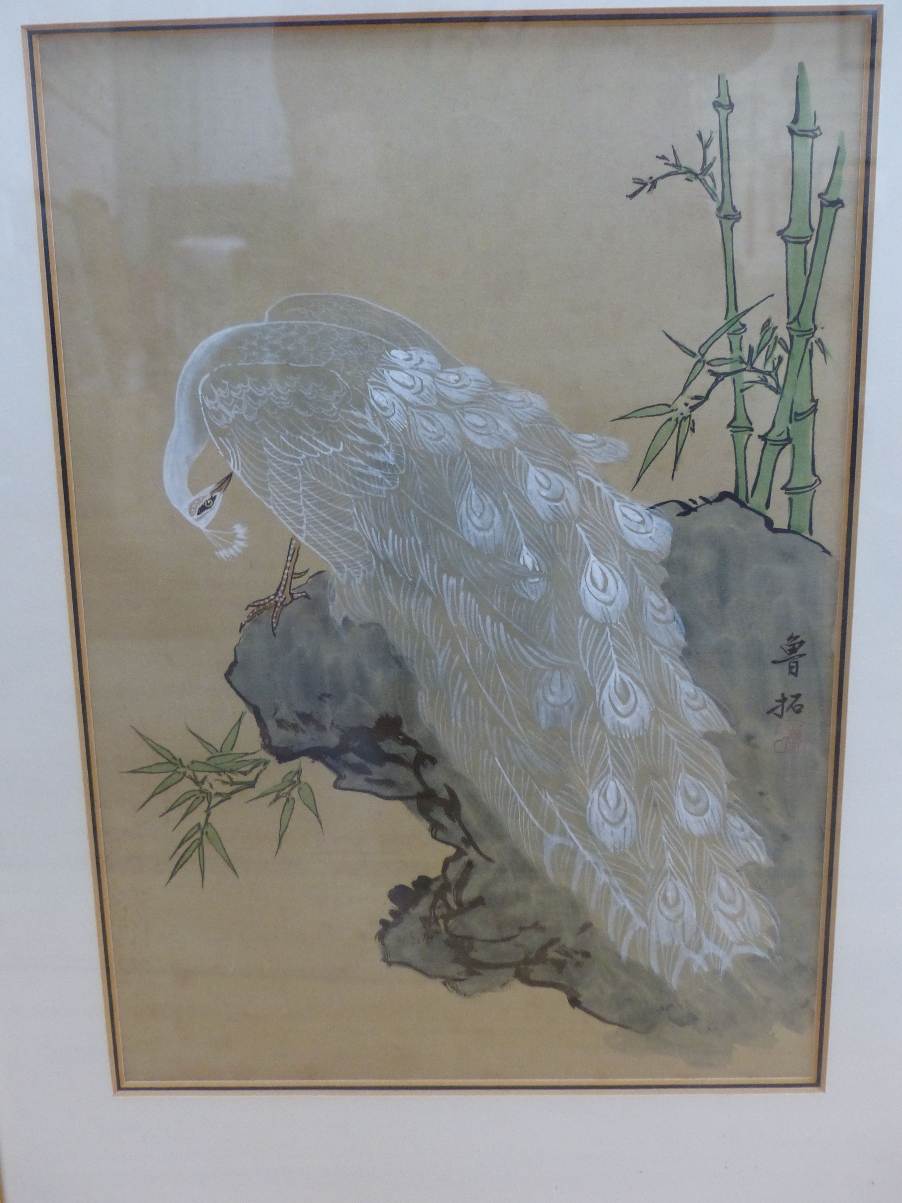 Japanese School, 20th century, a pair of works on silk, Studies of peacocks, 37 x 26cm